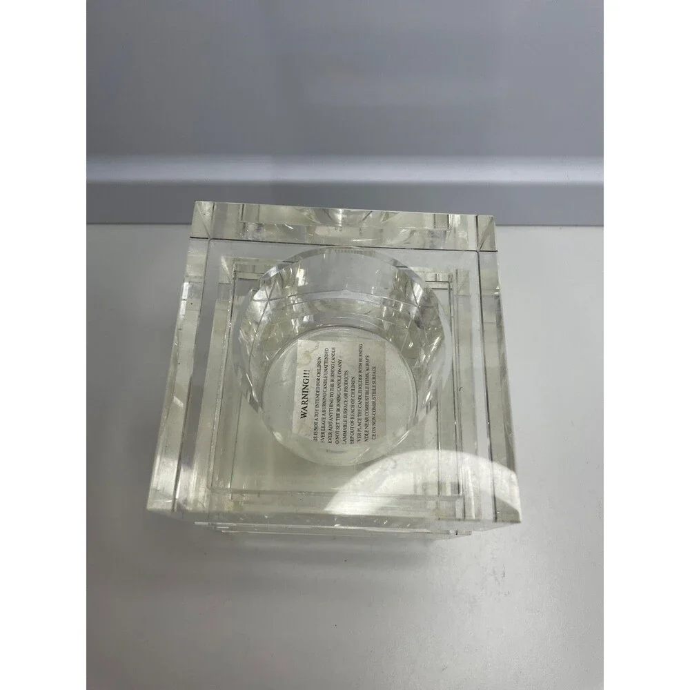 heavy mcm style WILLIAMS-SONOMA CLEAR CRYSTAL BLOCK square CANDLE HOLDER